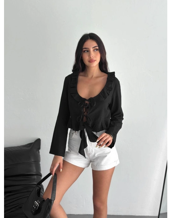 Keten Uzun Kol Bağacık Detaylı Bluz - Siyah -