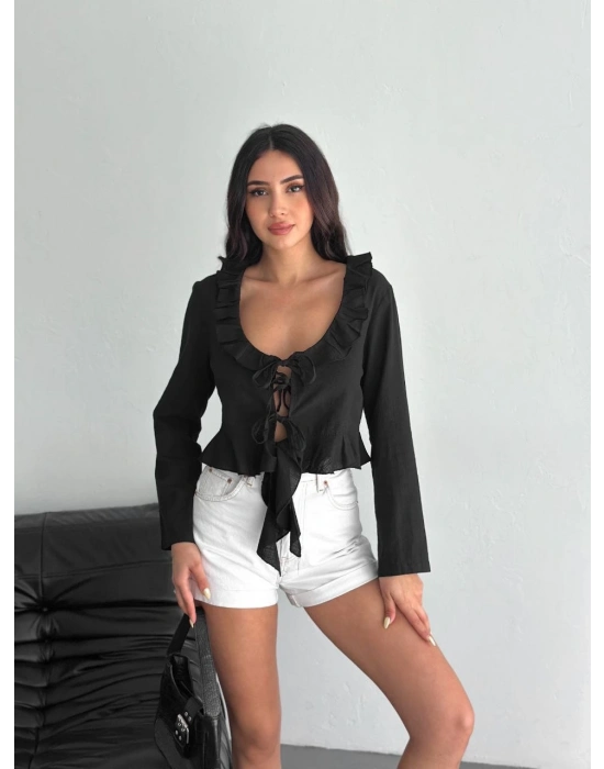 Keten Uzun Kol Bağacık Detaylı Bluz - Siyah -