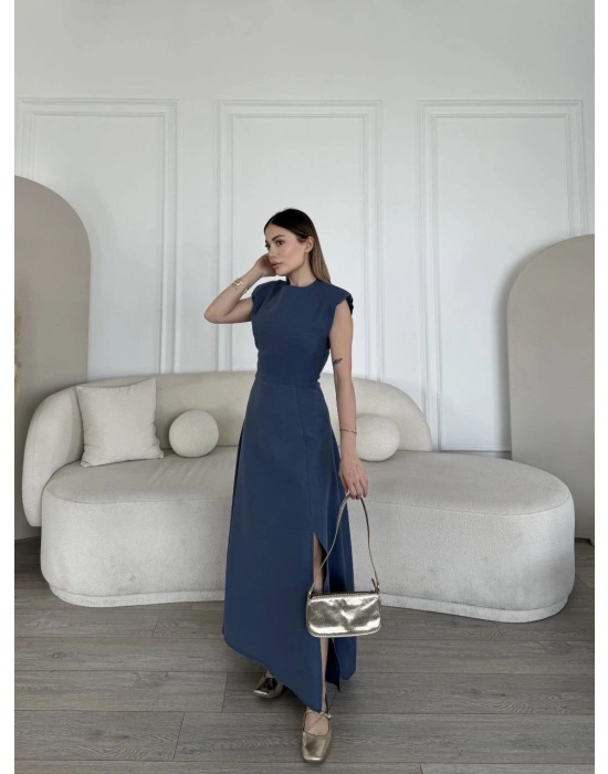 Keten Yandan Yırtmaçlı Uzun Elbise Sıfır Kol Elbise - Mavi -