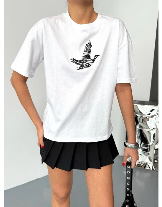 Kısa Kol Baskılı T-shirt - Beyaz -