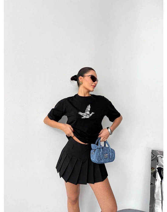 Kısa Kol Baskılı T-shirt - Siyah -