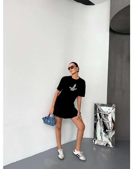 Kısa Kol Baskılı T-shirt - Siyah -