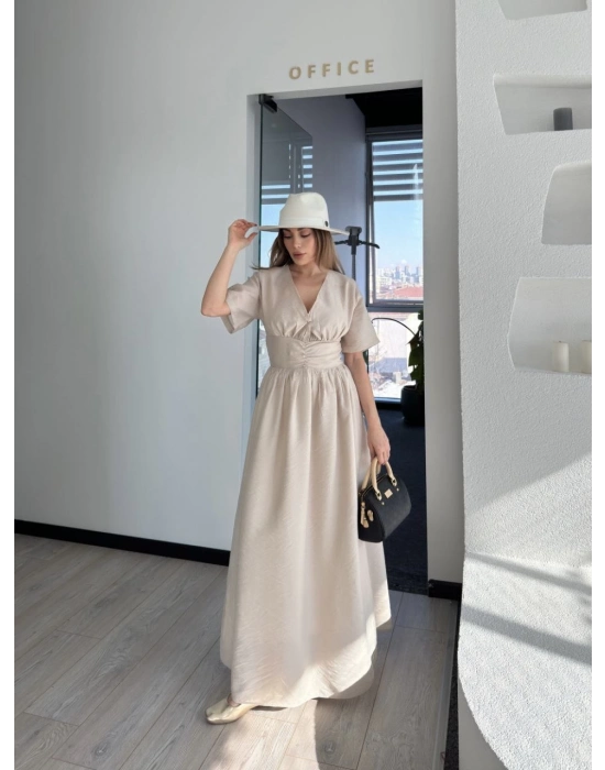 Kısa Kollu Uzun Elbise - Kırık Beyaz -