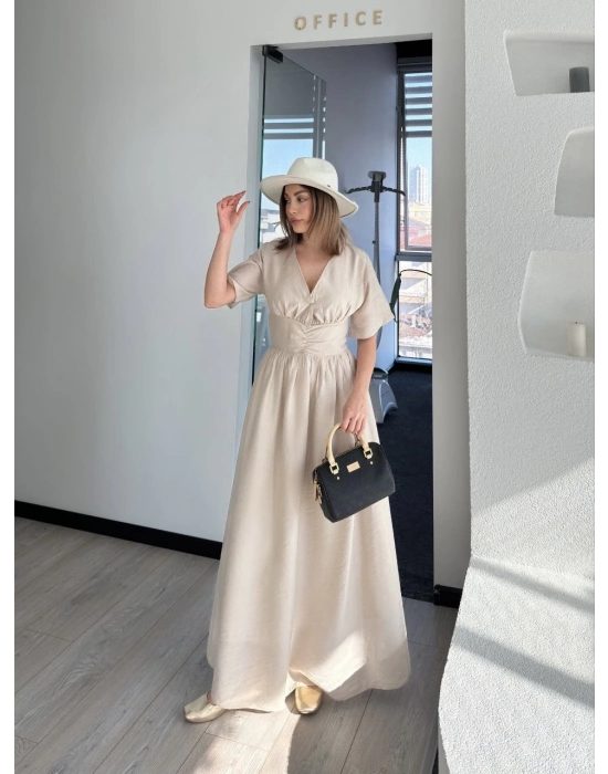 Kısa Kollu Uzun Elbise - Kırık Beyaz -