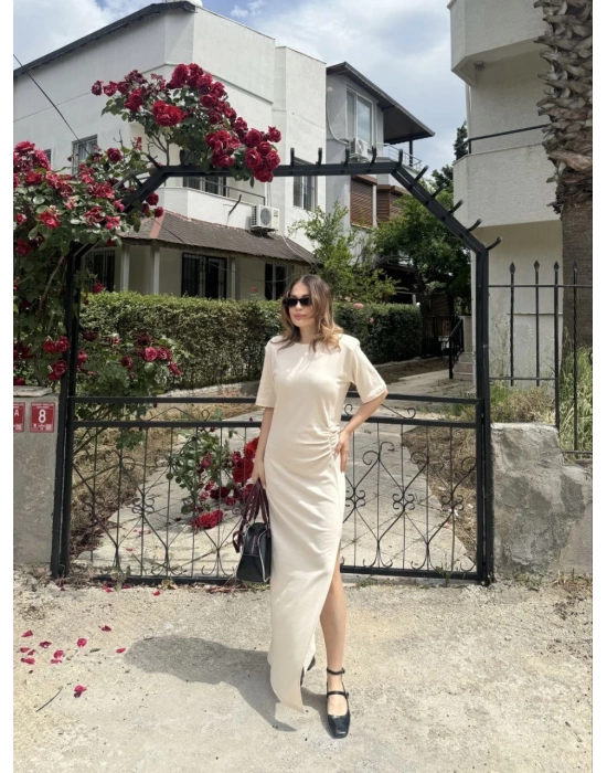 Kısa Kollu Uzun Yandan Yırtmaçlı Elbise - Bej -