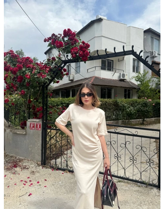 Kısa Kollu Uzun Yandan Yırtmaçlı Elbise - Bej -