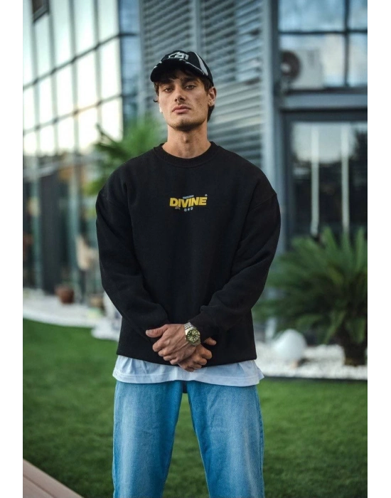 Kışlık Bisiklet Yaka Baskılı SweatShirt - Siyah -