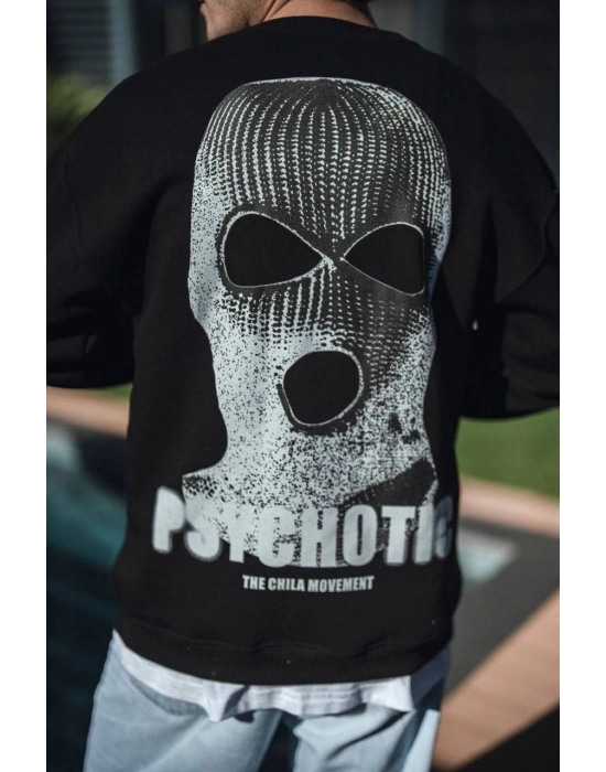 Kışlık Bisiklet Yaka Baskılı SweatShirt - Siyah -