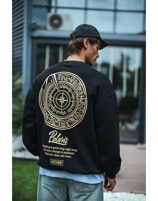 Kışlık Bisiklet Yaka Ön Ve Arka Baskılı SweatShirt - Siyah -