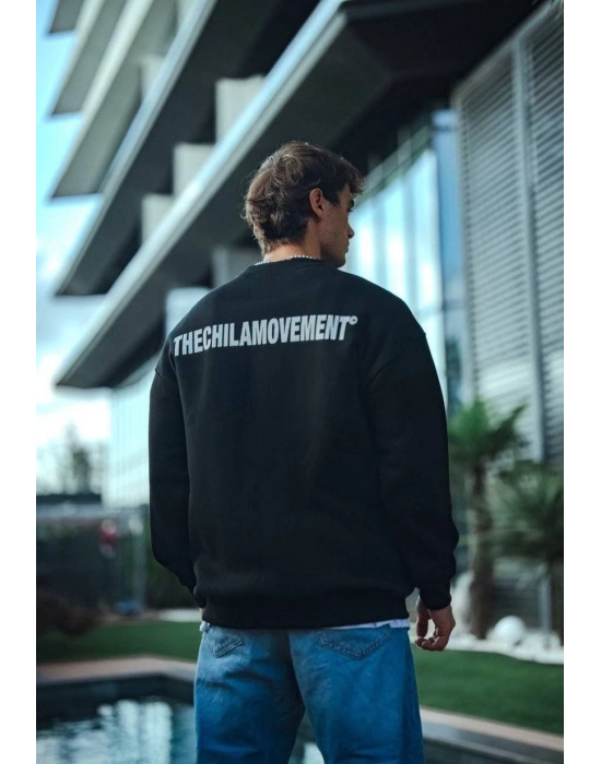 Kışlık Bisiklet Yaka Oversize Baskılı SweatShirt - Siyah -