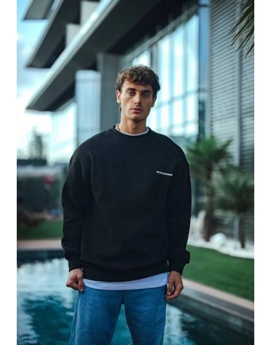 Kışlık Bisiklet Yaka Oversize Baskılı SweatShirt - Siyah -