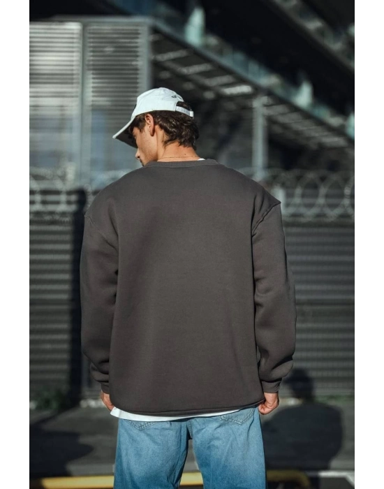 Kışlık Bisiklet Yaka Üç İplik Basic SweatShirt - Antrasit -