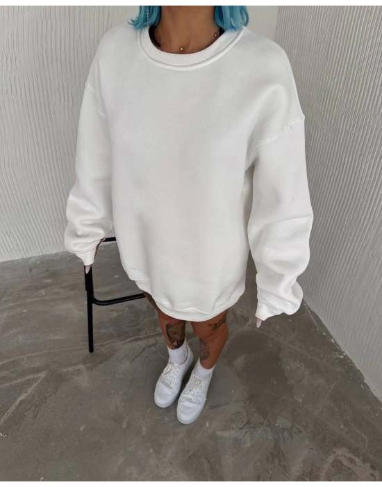 Kışlık Bisiklet Yaka Üç İplik Basic SweatShirt - Beyaz -