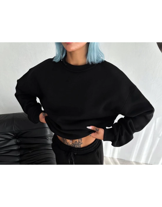 Kışlık Bisiklet Yaka Üç İplik Basic SweatShirt - Siyah -