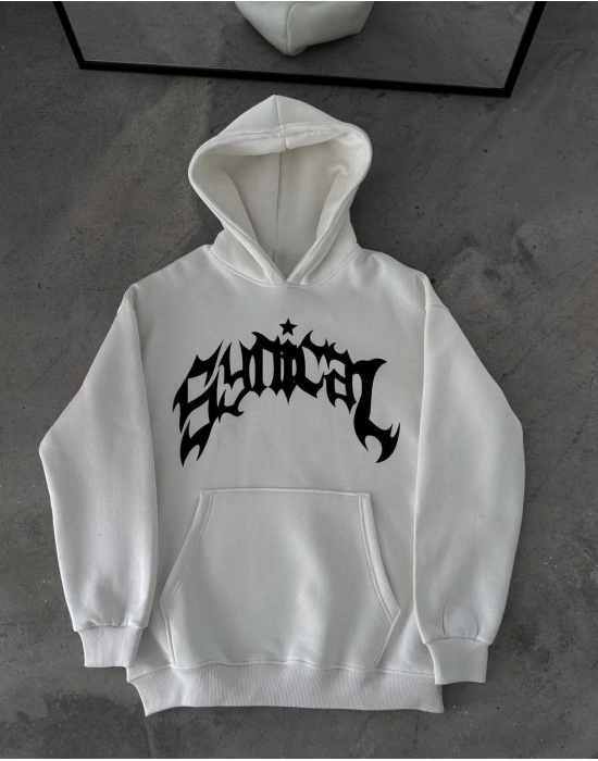 Kışlık Kapüşonlu Baskılı Oversize SweatShirt- Beyaz -