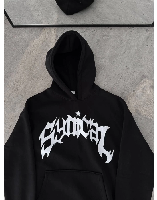 Kışlık Kapüşonlu Baskılı Oversize SweatShirt- Siyah -