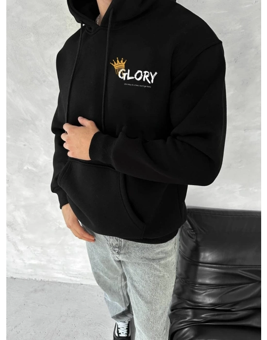 Kışlık Üç İplik Kapüşonlu SweatShirt - Siyah -