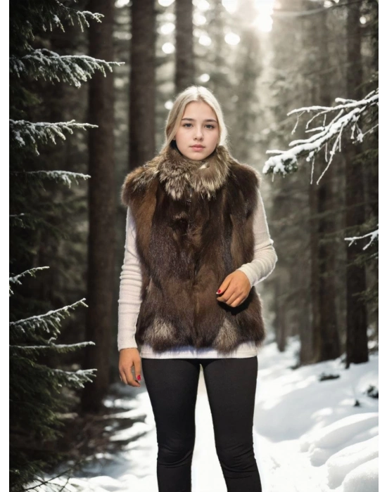 Kolsuz Fermuarlı Yelek - Kahve -