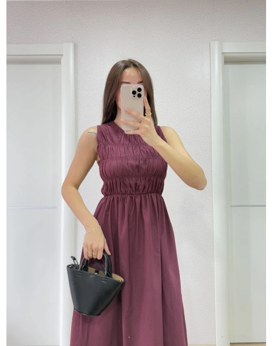 Kolsuz Göğüs Lastıklı %100 Poplin Uzun Elbise - Bordo -