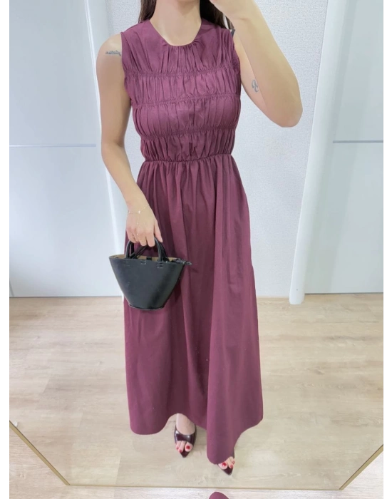 Kolsuz Göğüs Lastıklı %100 Poplin Uzun Elbise - Bordo -