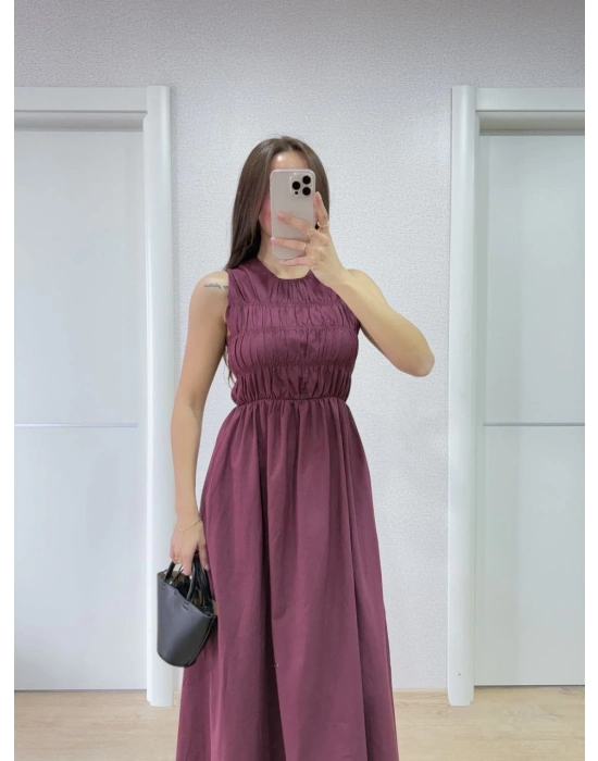 Kolsuz Göğüs Lastıklı %100 Poplin Uzun Elbise - Bordo -