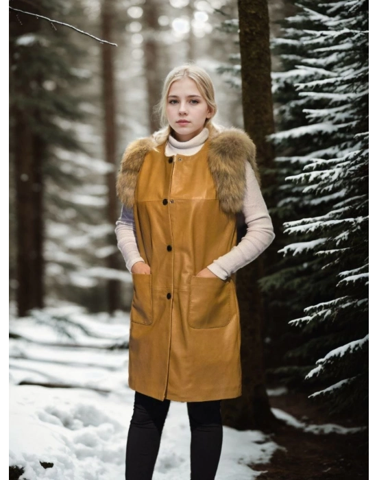 Kolsuz Hakiki Deri Kürk - Hardal -