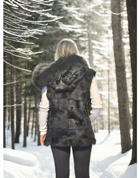 Kolsuz Kapüşonlu Yelek - Siyah -