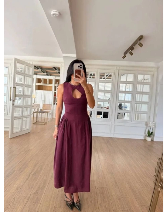Kolsuz Uzun Kabardin Elbise - Bordo -