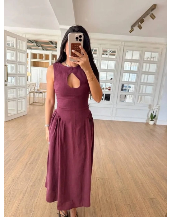 Kolsuz Uzun Kabardin Elbise - Bordo -