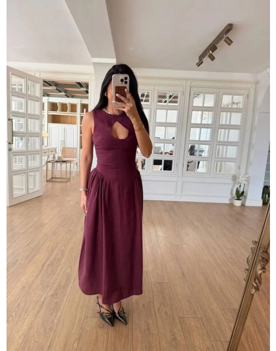 Kolsuz Uzun Kabardin Elbise - Bordo -