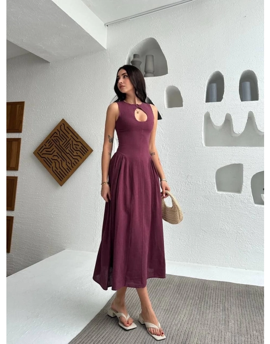 Kolsuz Uzun Kabardin Elbise - Bordo -