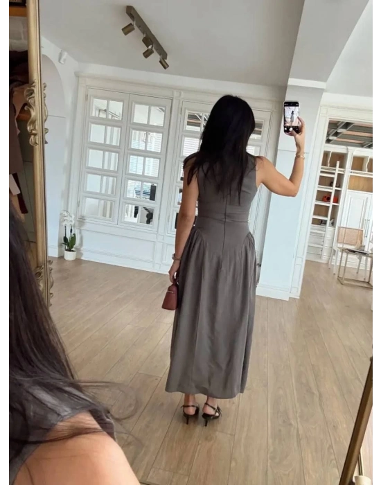 Kolsuz Uzun Kabardin Elbise - Gri -