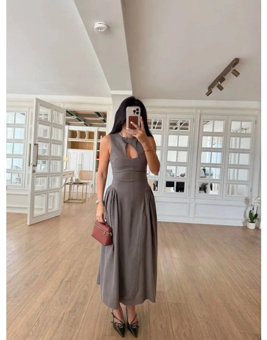 Kolsuz Uzun Kabardin Elbise - Gri -