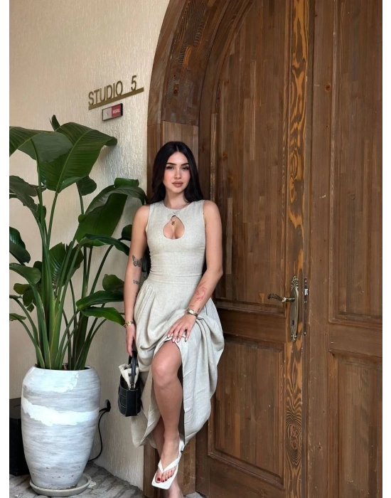 Kolsuz Uzun Kabardin Elbise - Gri -