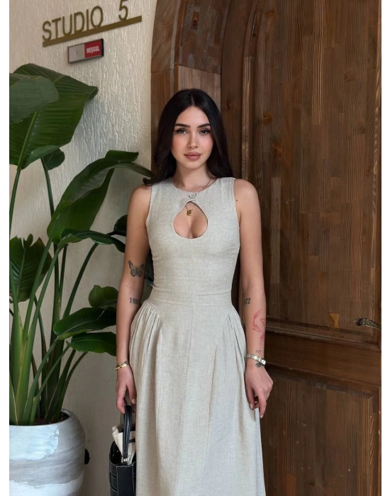 Kolsuz Uzun Kabardin Elbise - Gri -