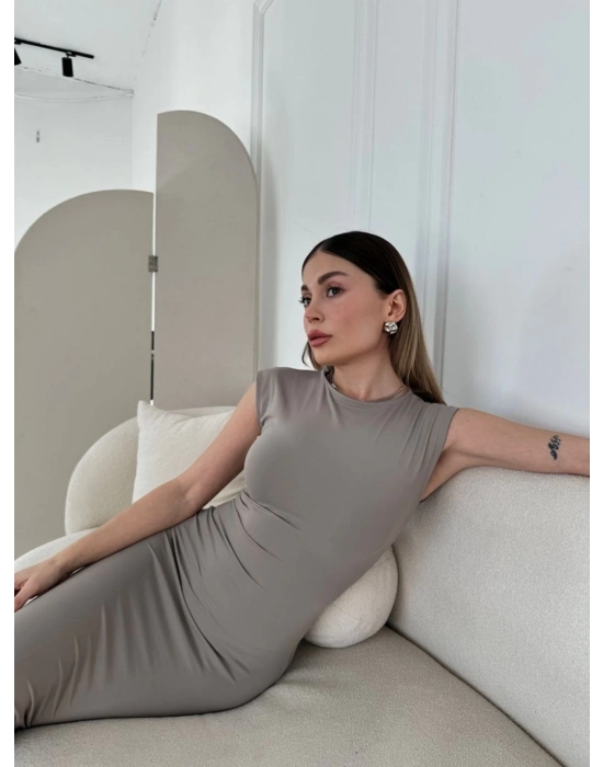 Kolsuz Uzun Likralı Elbise - Gri -