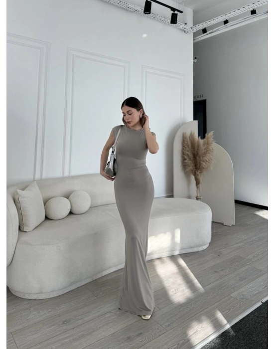 Kolsuz Uzun Likralı Elbise - Gri -