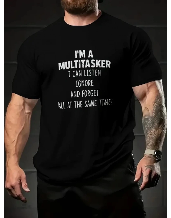 Komik Multitasker Baskılı Tişört, Günlük Kısa Kollu Oversize Tişört,- Siyah -