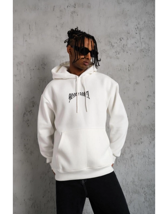 Kordon İpli Baskılı Kapüşonlu Sweatshirt - Beyaz -