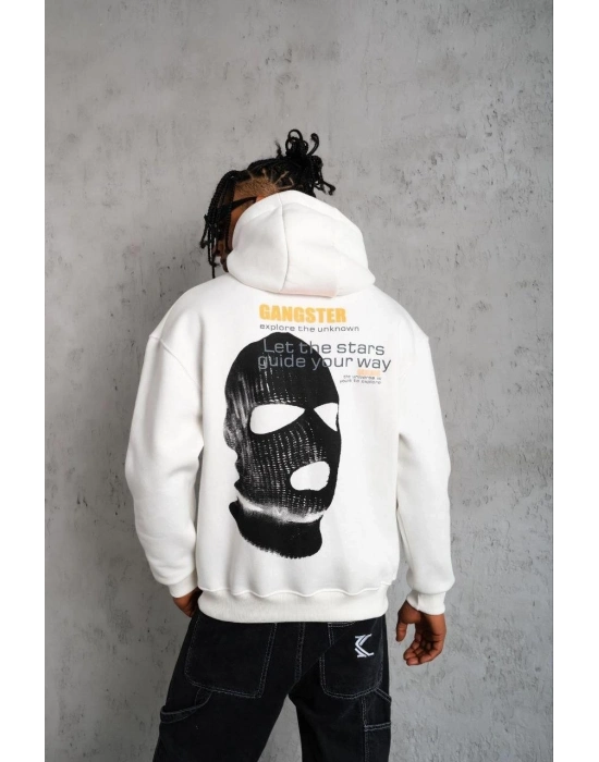 Kordonlu Maske Baskılı Kapüşonlu Sweat - Beyaz -