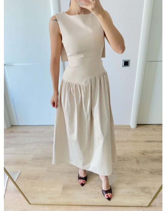 Krep Arkası Kanat Arka Ön Pens Detaylı Uzun   Elbise - Bej -