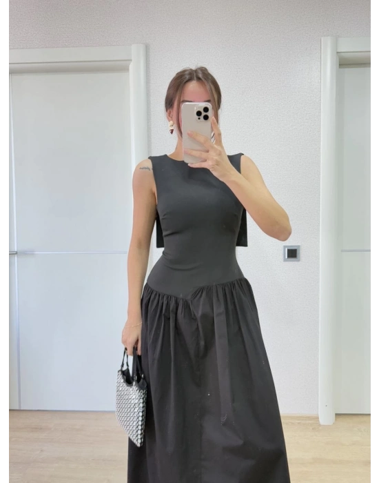 Krep Arkası Kanat Arka Ön Pens Detaylı Uzun   Elbise - Siyah -