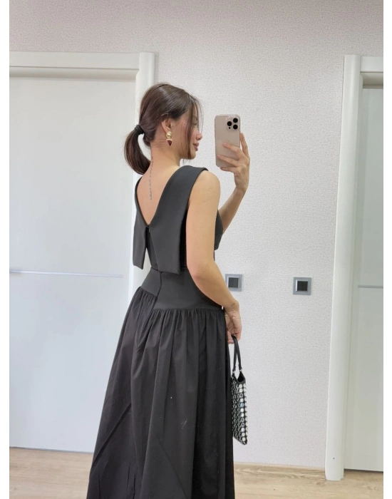 Krep Arkası Kanat Arka Ön Pens Detaylı Uzun   Elbise - Siyah -