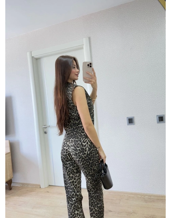 leopar desenli Düğmeli Bluzlu Pantolon İkili Takım -Leopar -