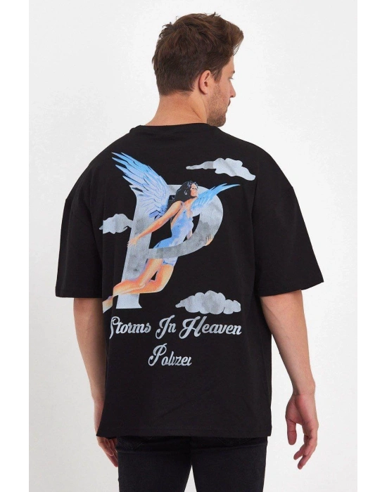 Melek Baskılı Oversize T-shirt - Siyah -