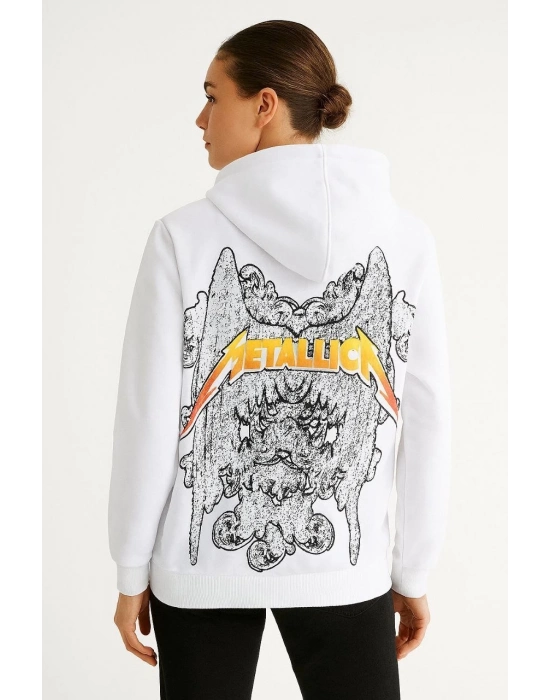 Metallica İki İplik Kapüşonlu Ön ve Arka Baskılı hoodie - Beyaz -