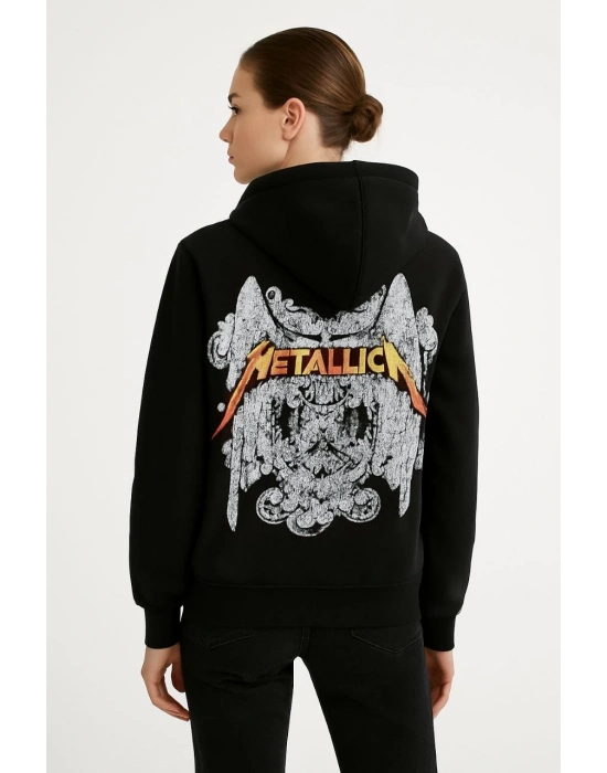 Metallica İki İplik Kapüşonlu Ön ve Arka Baskılı hoodie - Siyah -