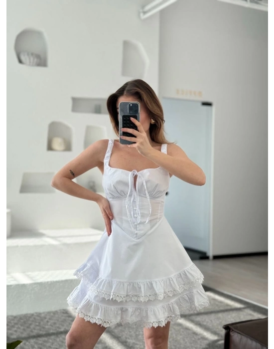 Mini Askılı Elbise - Beyaz -