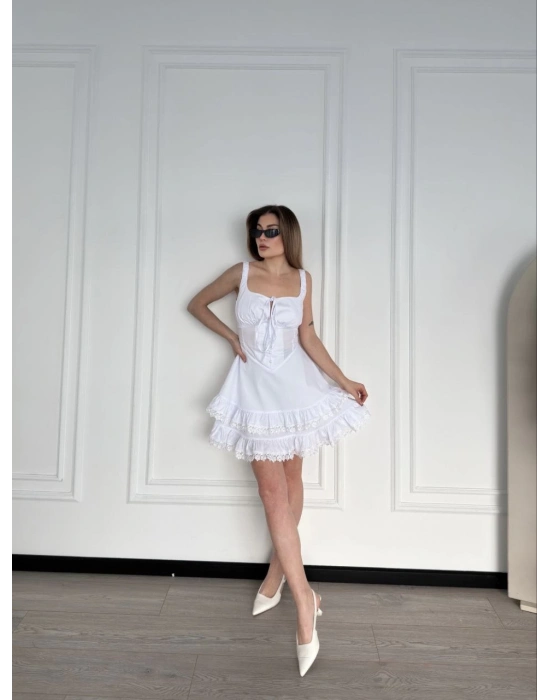 Mini Askılı Elbise - Beyaz -