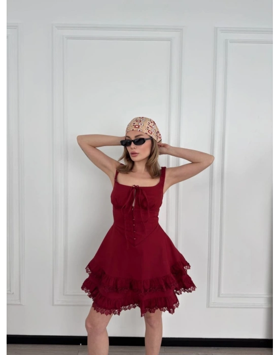Mini Askılı Elbise - Bordo -